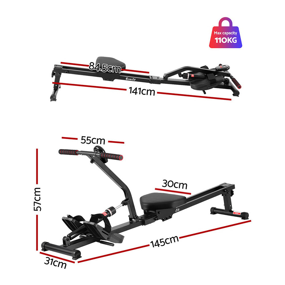 Everfit Hydraulic Rowing Machine Rower 12 Levels Resistance Exercise Fitness Gym Cardio-Black