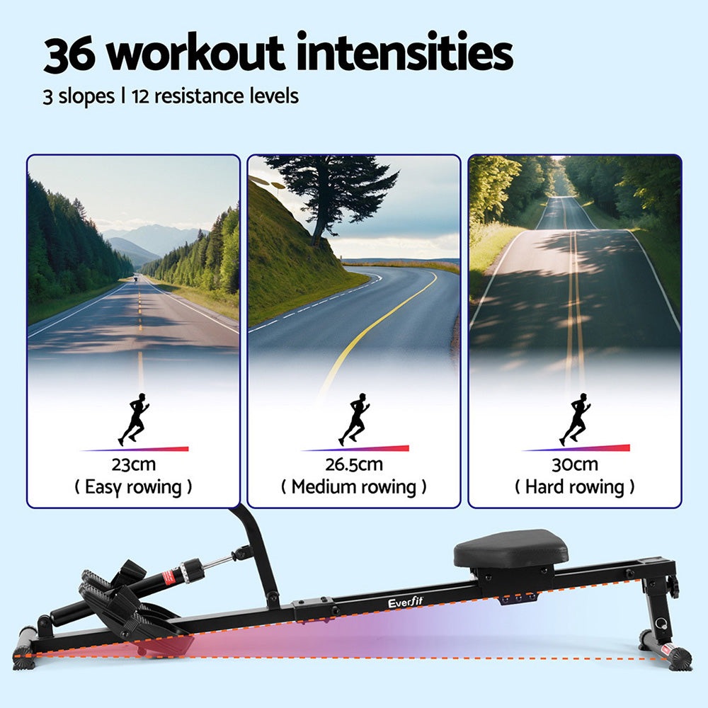 Everfit Hydraulic Rowing Machine Rower 12 Levels Resistance Exercise Fitness Gym Cardio-Black