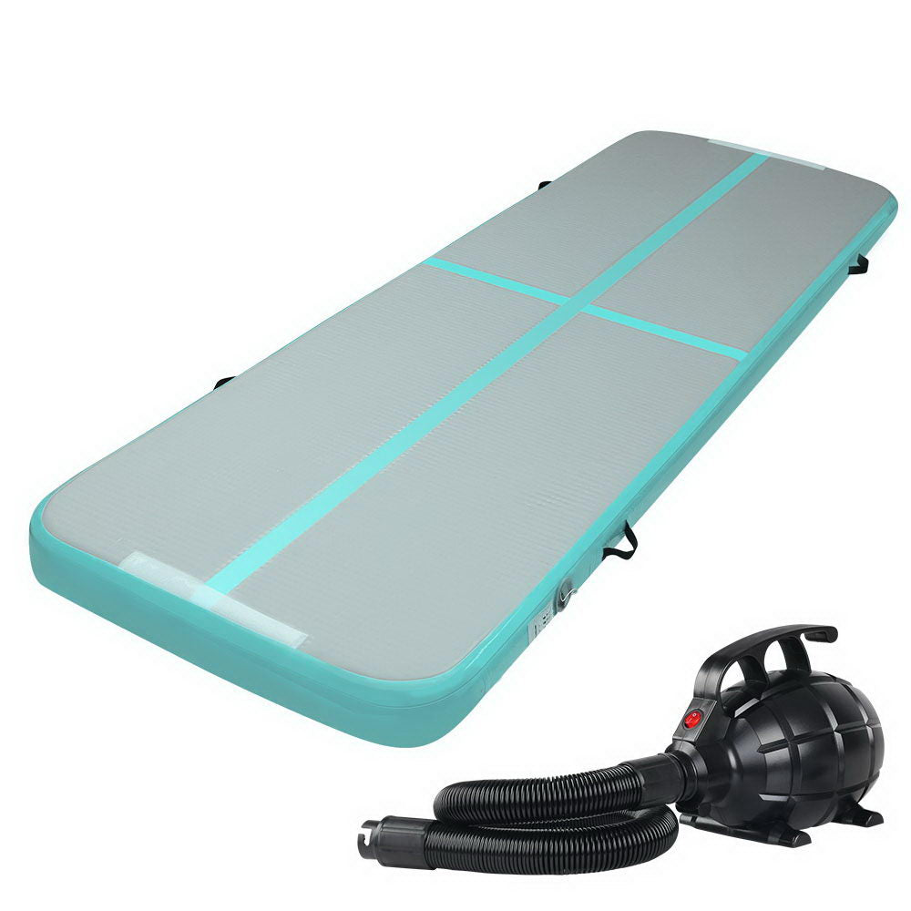 Everfit GoFun 3m x 1m Inflatable Gymnastic Tumbling Air Track Mat 10cm Thick with Air Pump Mint Green and Grey