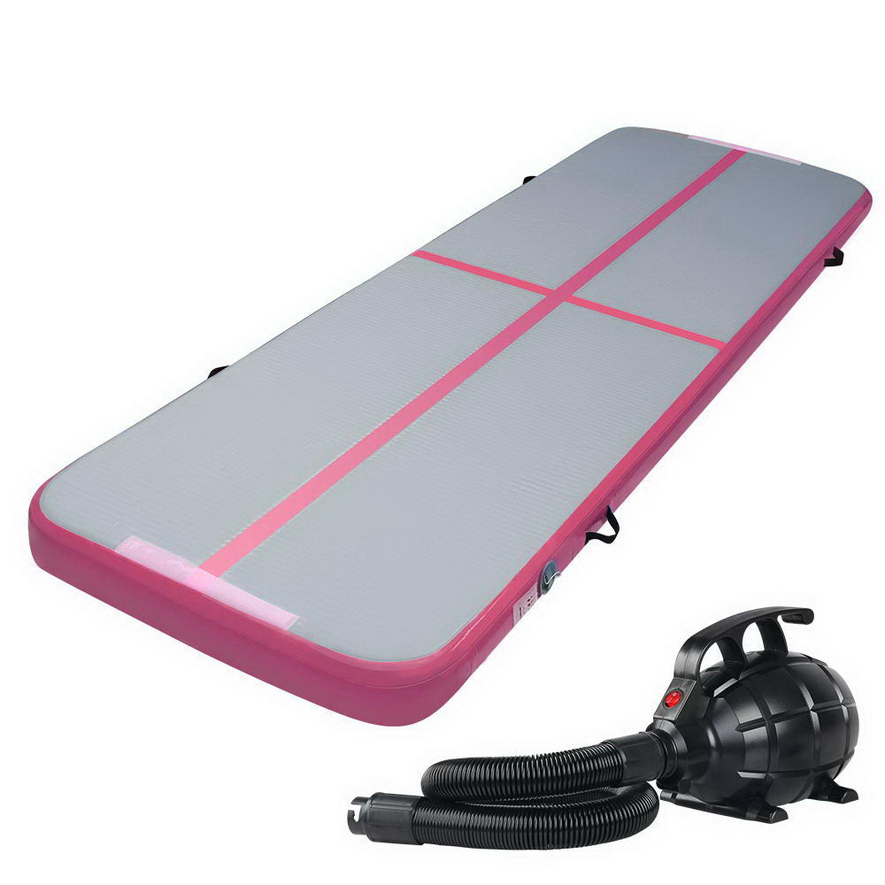 Everfit 3m x 1m Inflatable Gymnastic Tumbling Air Track Mat 10cm Thick with Air Pump Pink and Grey