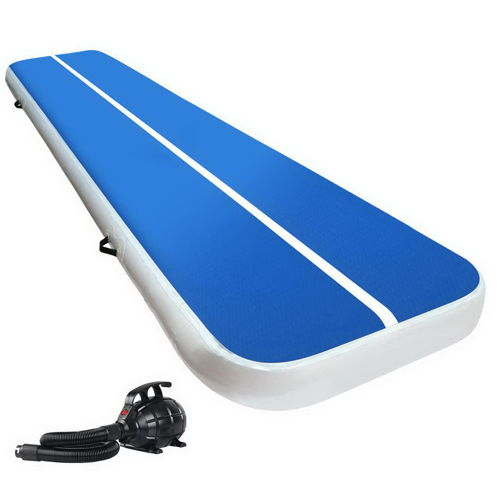 Everfit 4m x 1m Inflatable Gymnastic Tumbling Air Track Mat 20cm Thick Blue and White with Pump