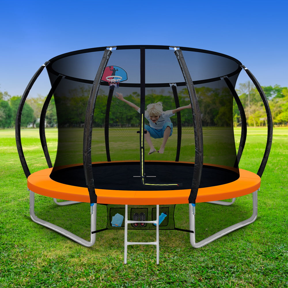 Everfit 10FT Round Trampoline with Basketball Hoop Kids Enclosure with Safety Net Outdoor Orange