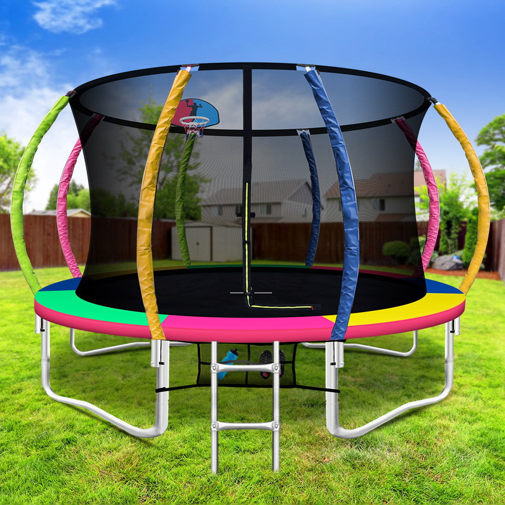 Everfit 12FT Round Trampoline with Basketball Hoop Kids Enclosure with Safety Net Outdoor Multi-coloured