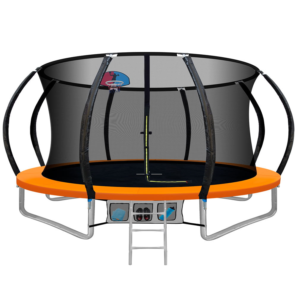 Everfit 12FT Round Trampoline with Basketball Hoop Kids Enclosure with Safety Net Outdoor Orange