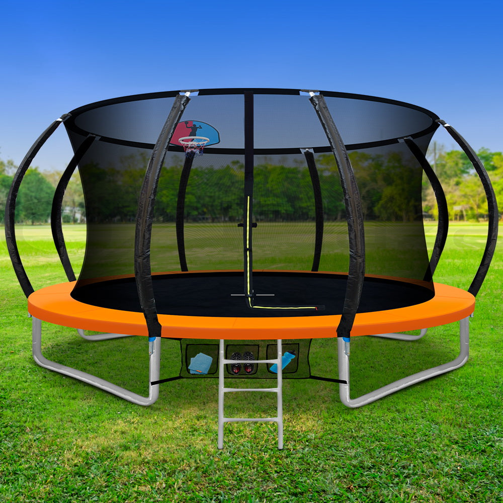 Everfit 12FT Round Trampoline with Basketball Hoop Kids Enclosure with Safety Net Outdoor Orange