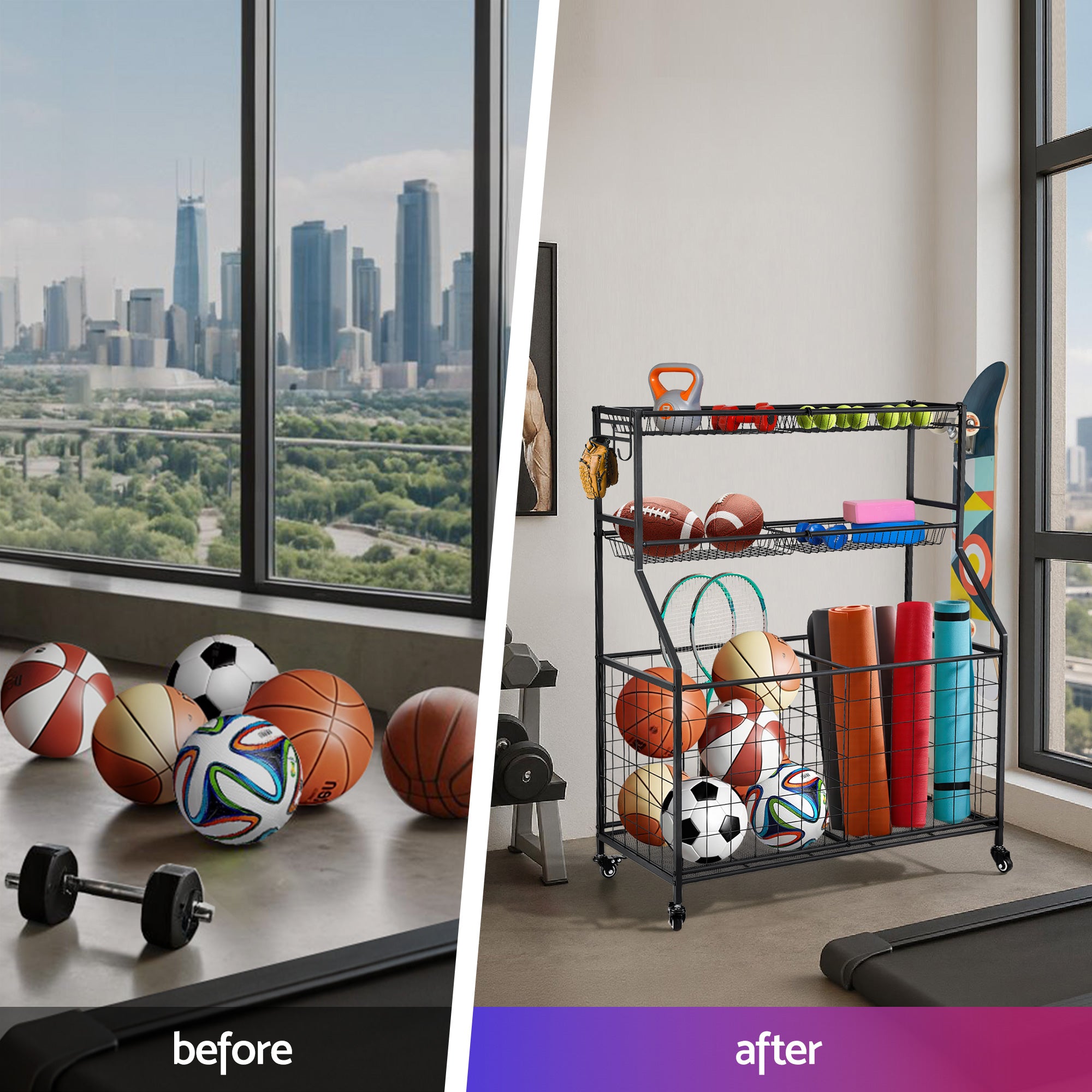 Everfit Sports Equipment Organizer Storage with Wheels Multi-Sport Garage Gym Black