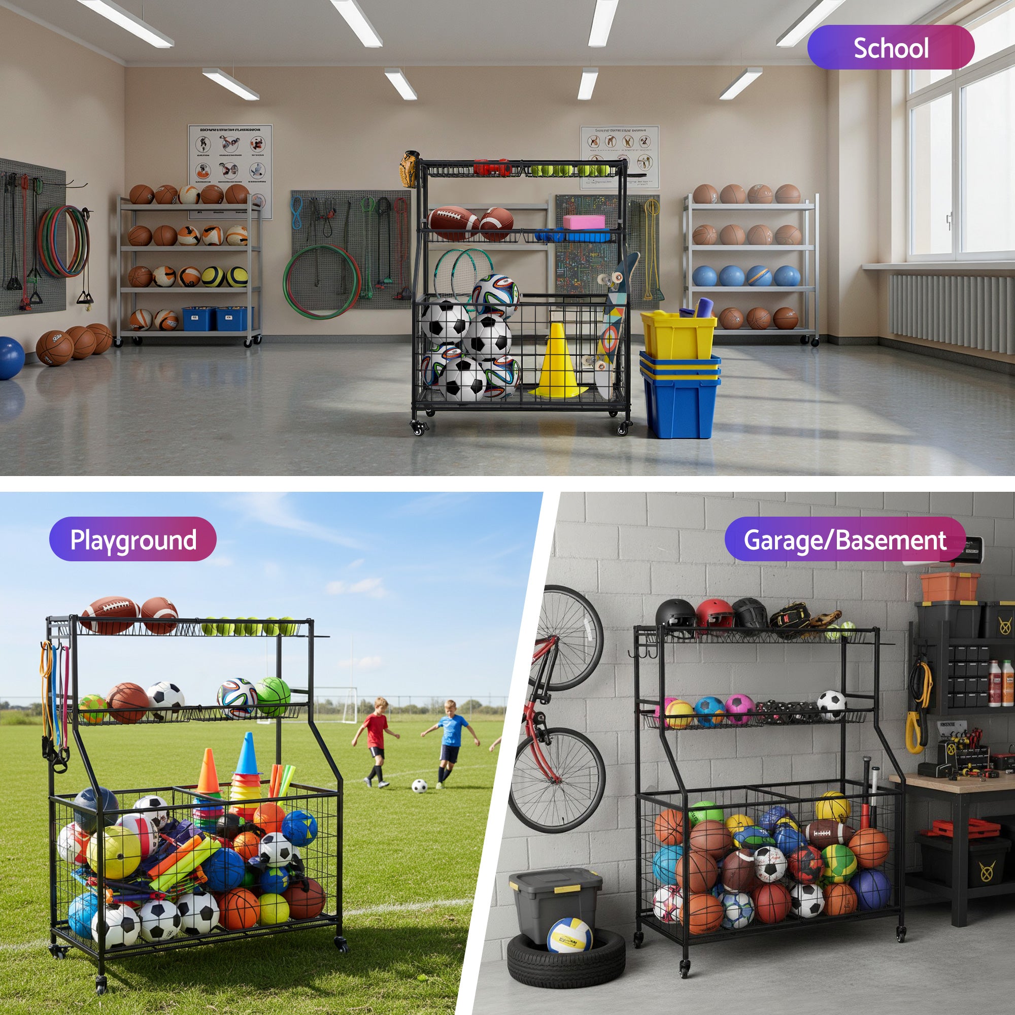 Everfit Sports Equipment Organizer Storage with Wheels Multi-Sport Garage Gym Black