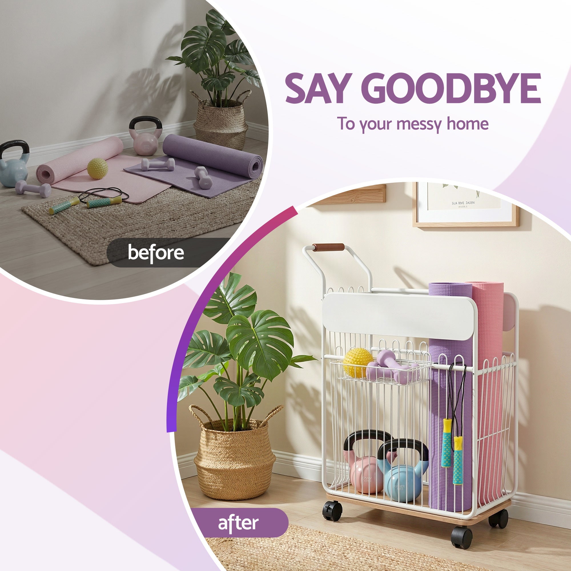 Everfit Yoga Mat Storage Rack Mobile Holder with Wheels Basket Home Gym Storage Organizer White