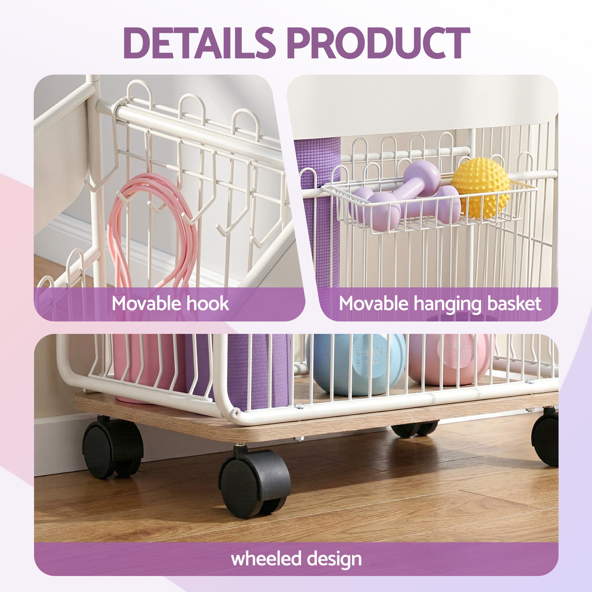 Everfit Yoga Mat Storage Rack Mobile Holder with Wheels Basket Home Gym Storage Organizer White