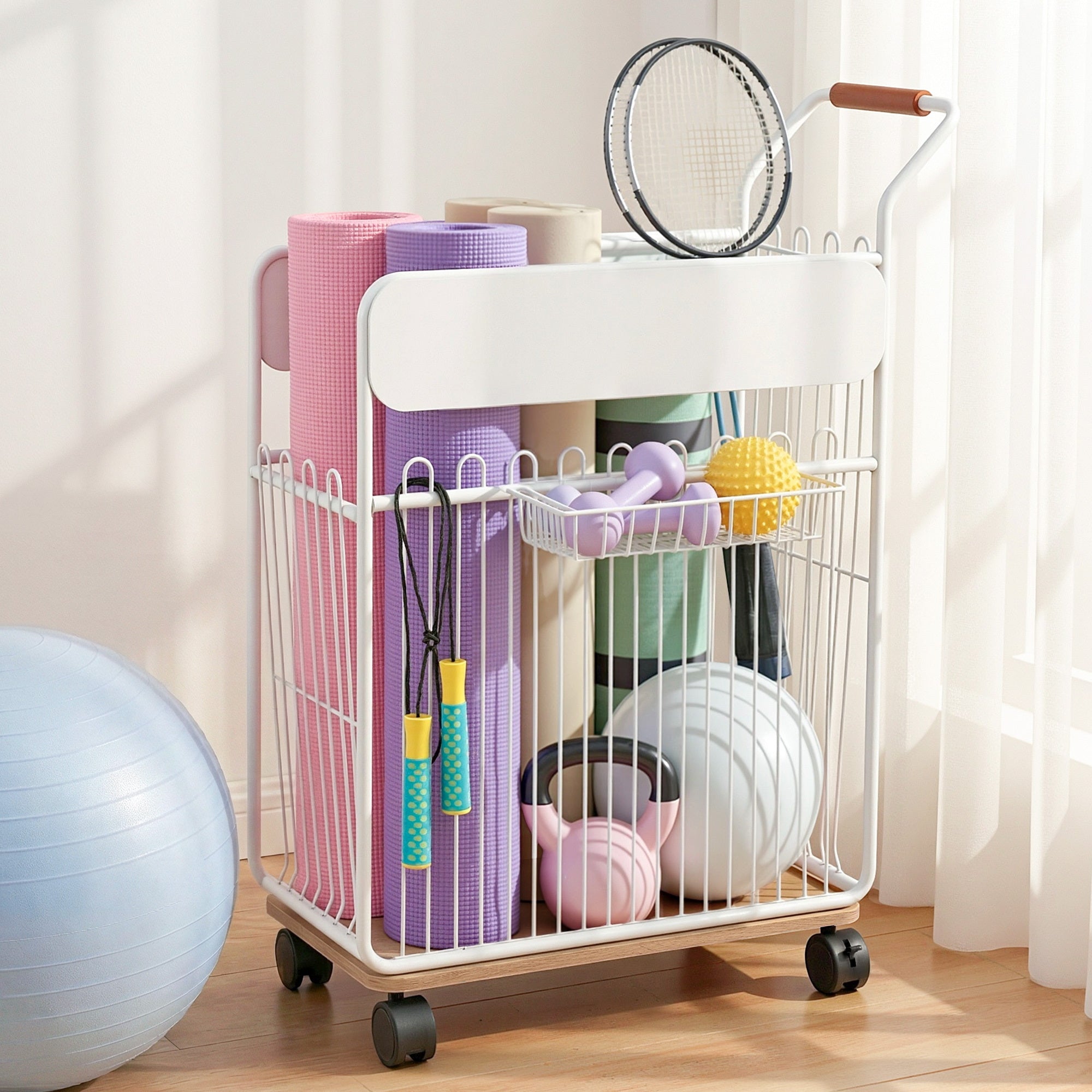 Everfit Yoga Mat Storage Rack Mobile Holder with Wheels Basket Home Gym Storage Organizer White