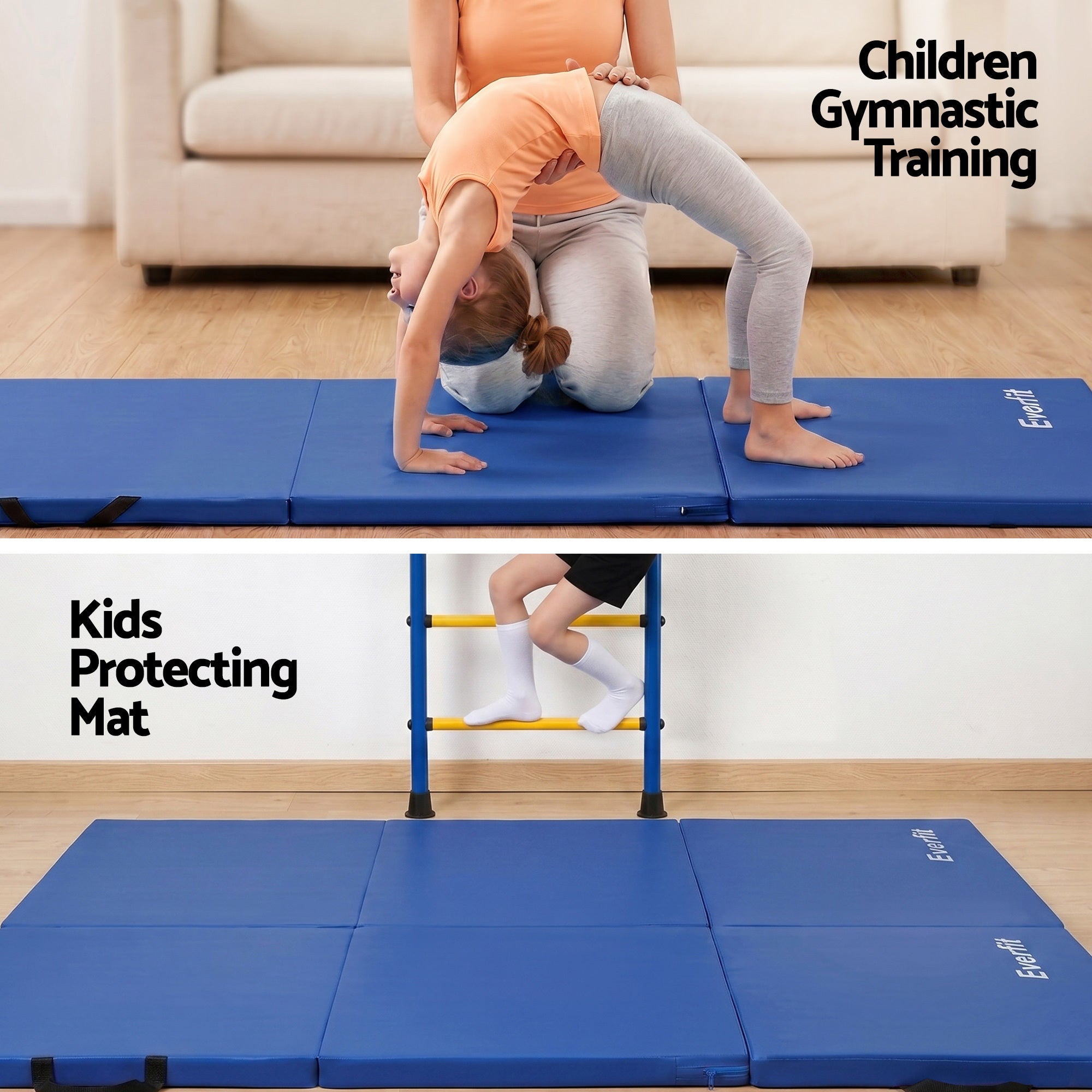 Everfit 180x60cm Gymnastics Mats Folding Exercise Floor Mat Portable 3 Fold Tumbling Mat Blue