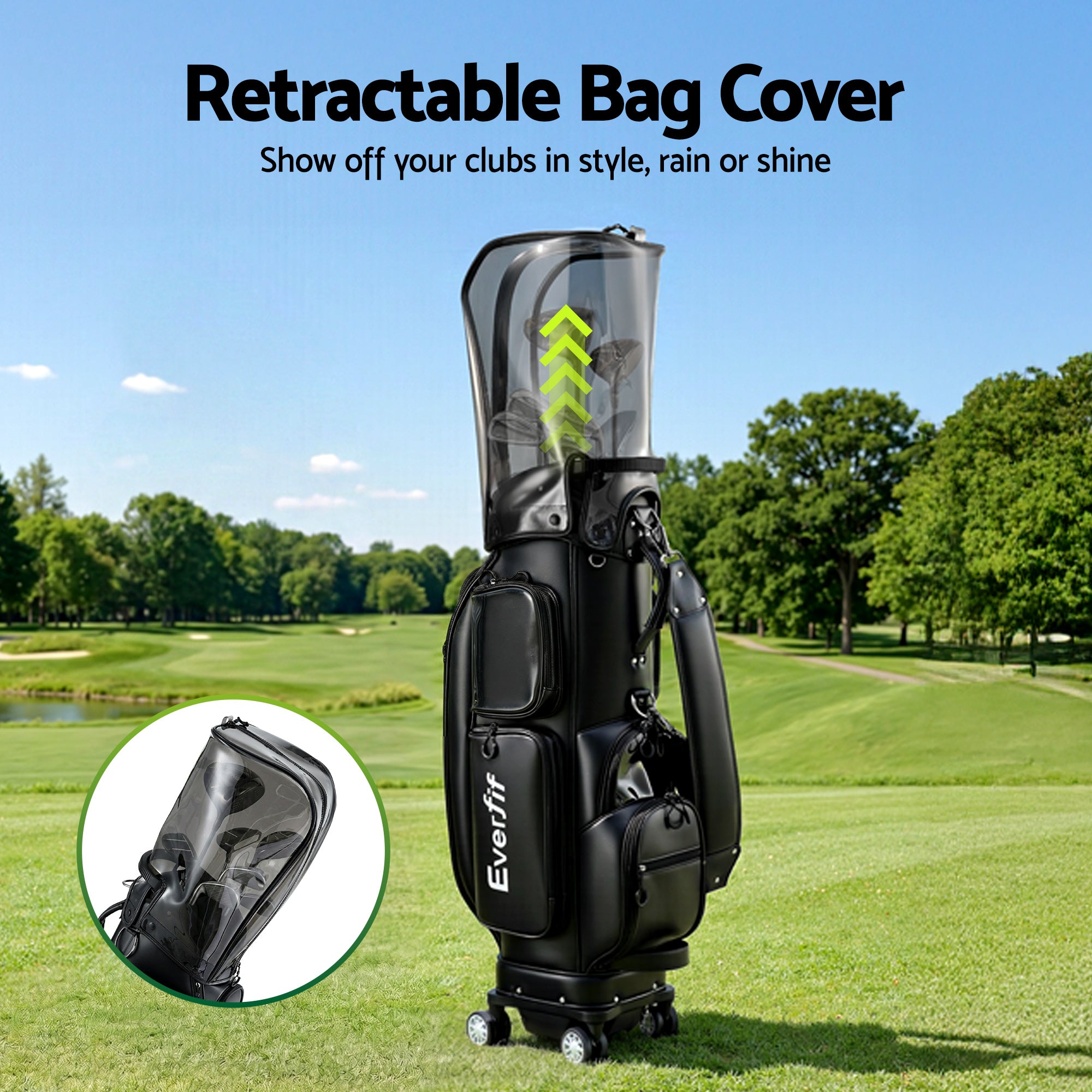 Everfit Golf Cart Bag Rolling Buggy Club Organiser Synthetic Leather Black