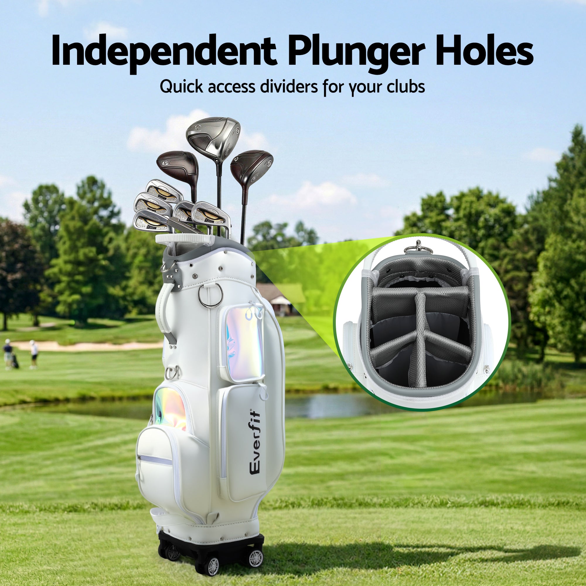 Everfit Golf Cart Bag Rolling Buggy Club Organiser Synthetic Leather White