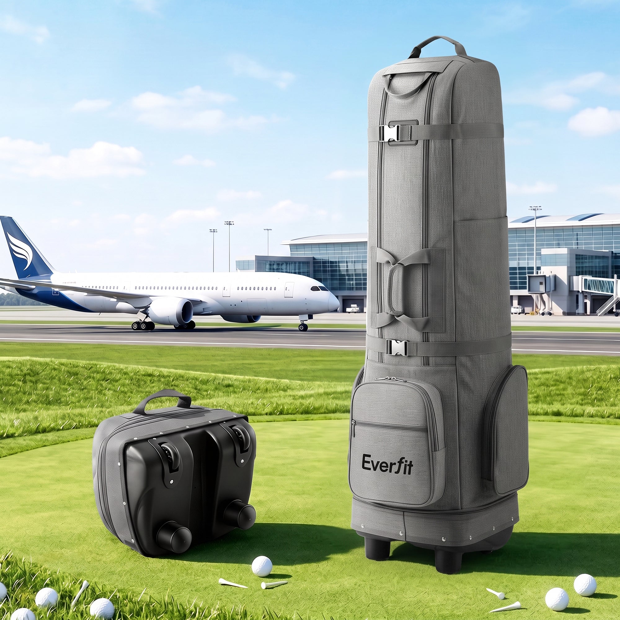 Everfit Golf Travel Bag Flight Cover Foldable Soft Case Wheels Grey