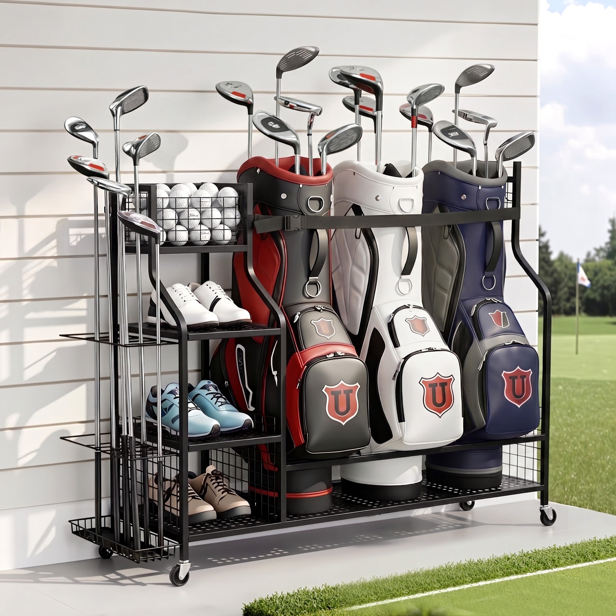 Everfit Golf 3 Bag Storage Golf Storage Garage Organizer with Wheels Black
