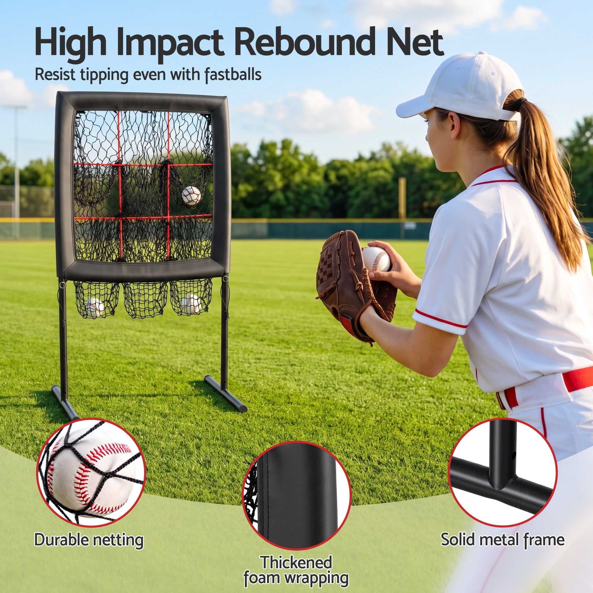 Everfit Baseball Pitching Net Training Target Softball Practice 9 Hole Black