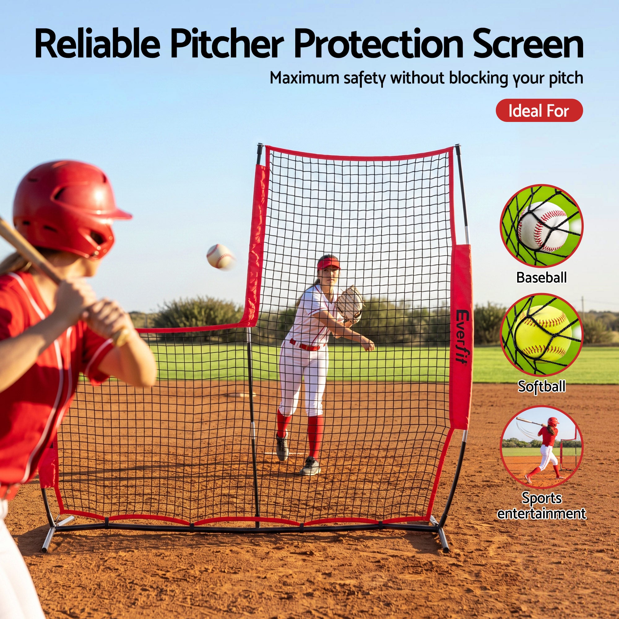 Everfit Baseball Pitching Net L Screen Softball Practice Portable Red