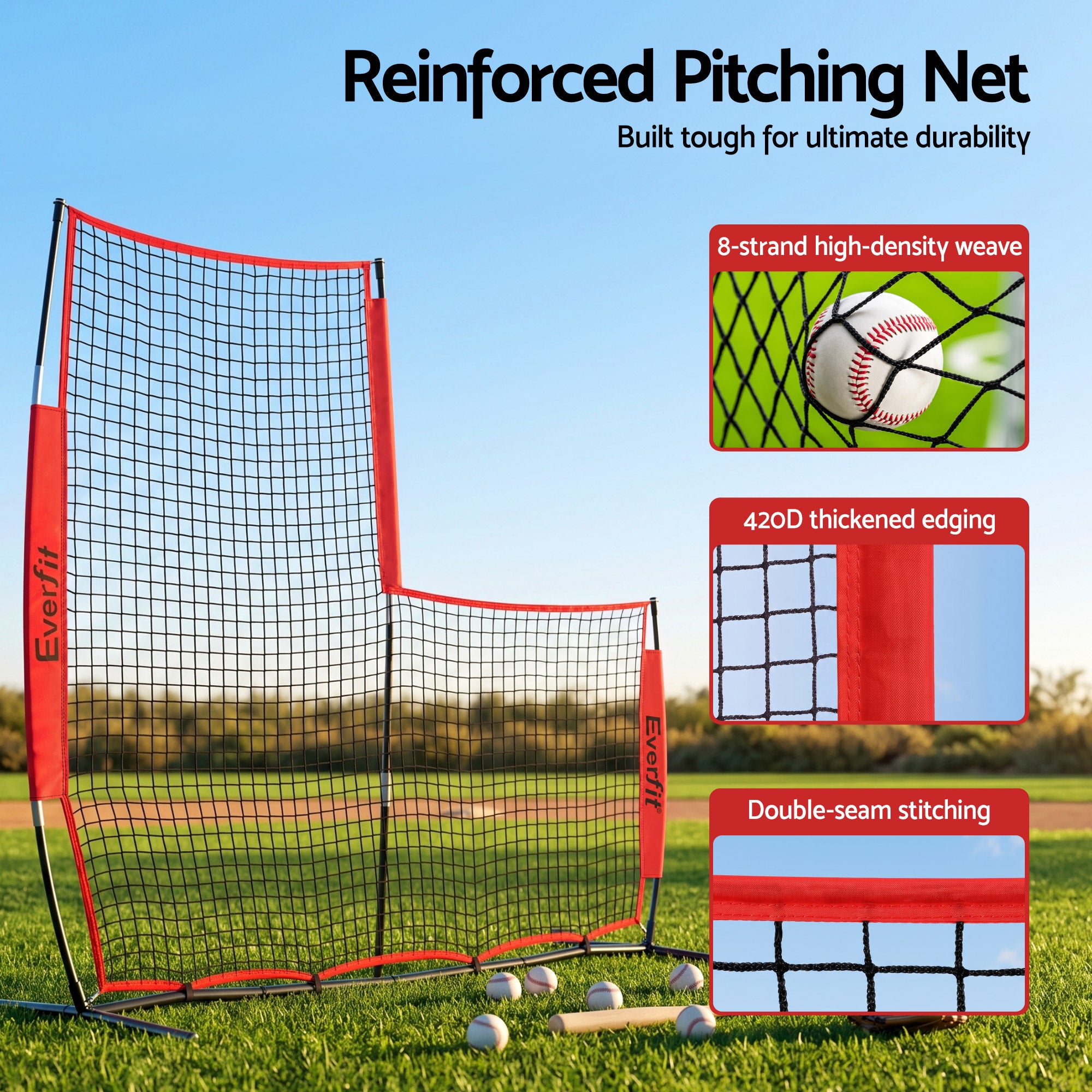 Everfit Baseball Pitching Net L Screen Softball Practice Portable Red