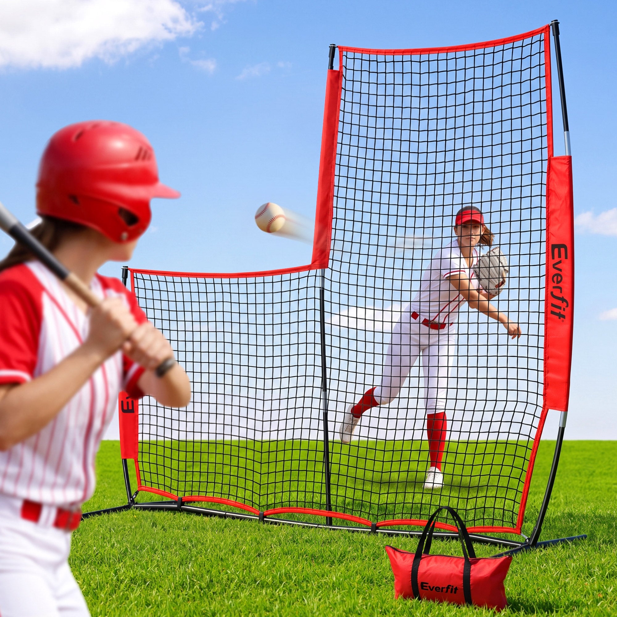 Everfit Baseball Pitching Net L Screen Softball Practice Portable Red