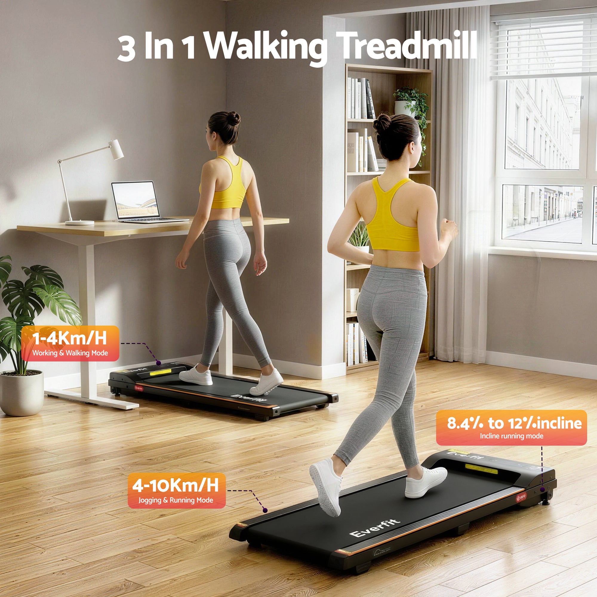 Everfit 3 in 1 Walking Pad Treadmill 12% Incline Under Desk Treadmills for Home Gym With 38cm Wide Belt