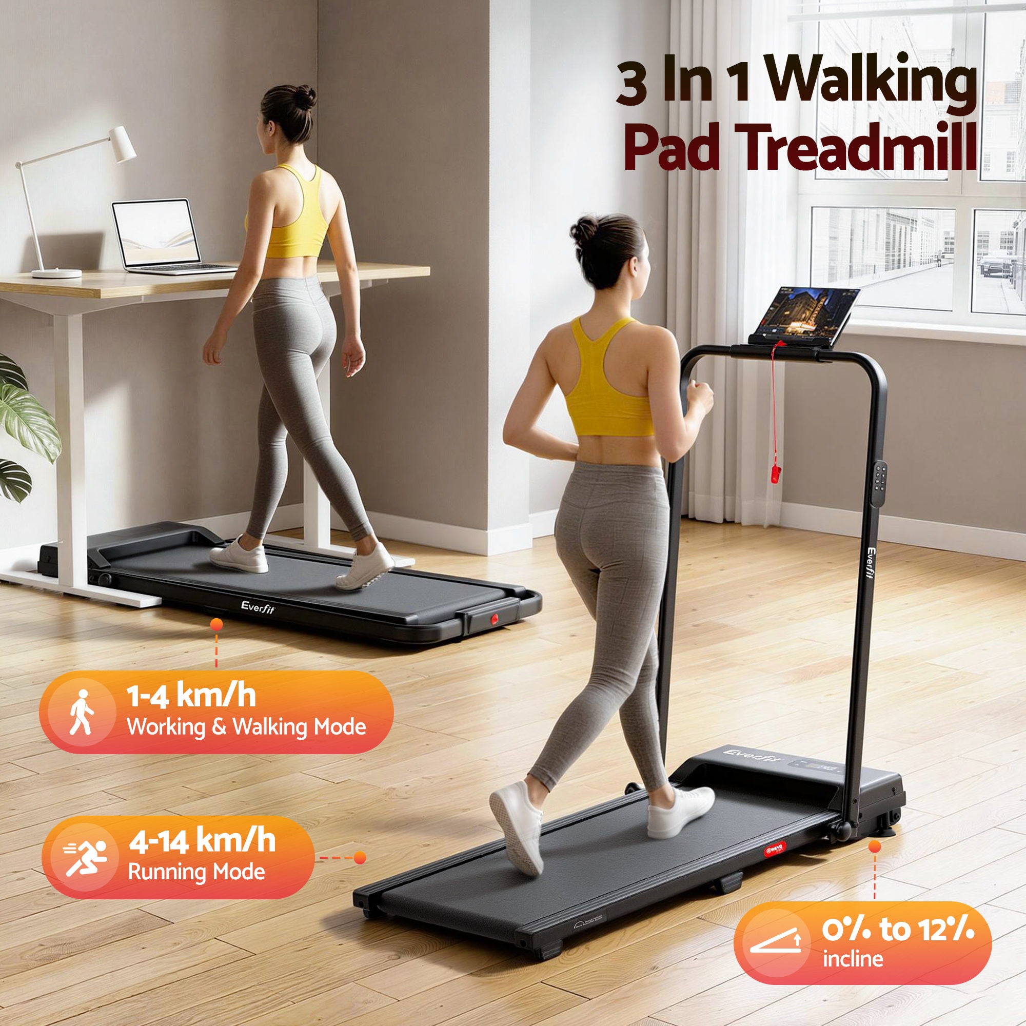 Everfit 3 in 1 Walking Pad Treadmill 12% Incline Under Desk Foldable for Home With 38cm Belt APP Control