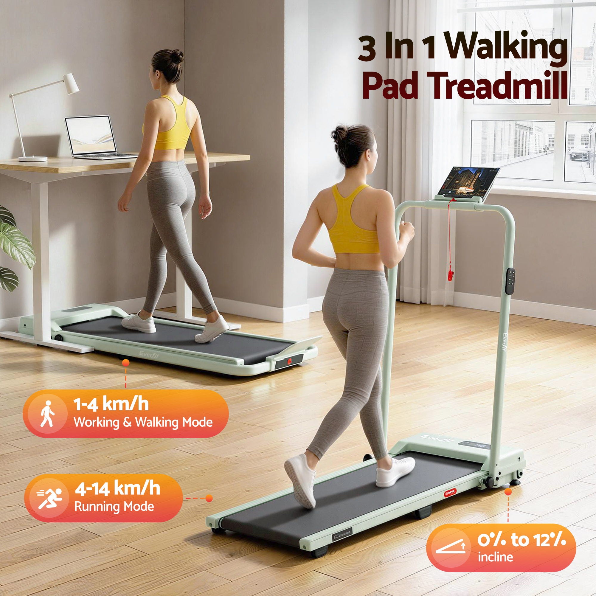 Everfit 3 in 1 Walking Pad Treadmill 12% Incline Under Desk Foldable for Home With 38cm Belt
