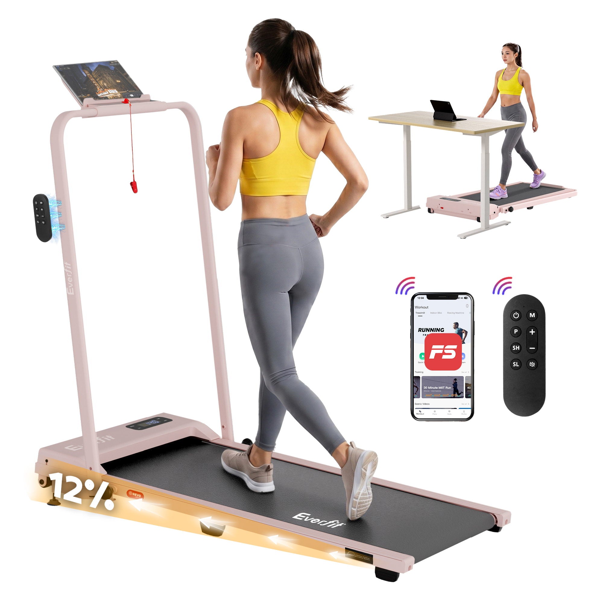 Everfit 3 in 1 Walking Pad Treadmill 12% Incline Under Desk Treadmills for Home Gym With 38cm Wide Belt APP Control - Everfit