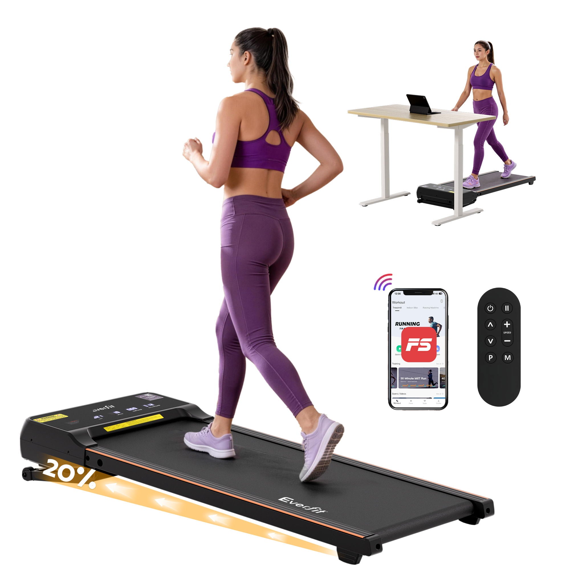Everfit 3 in 1 Walking Pad Treadmill 20% Auto Incline Under Desk Treadmills for Home Gym With 40cm Wide Belt - Everfit