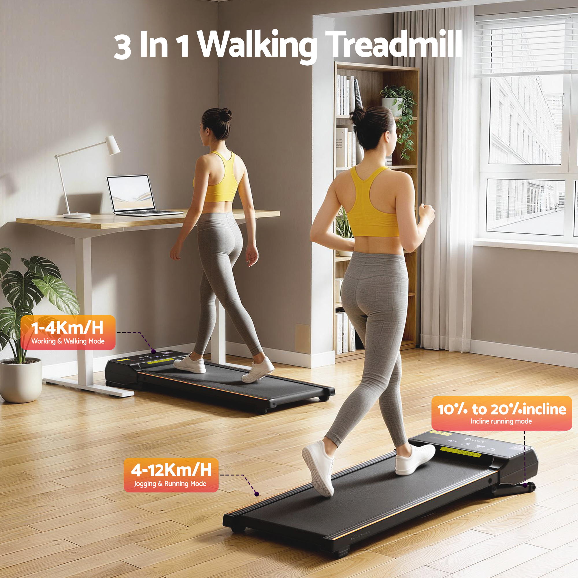 Everfit 3 in 1 Walking Pad Treadmill 20% Auto Incline Under Desk Treadmills for Home Gym With 40cm Wide Belt