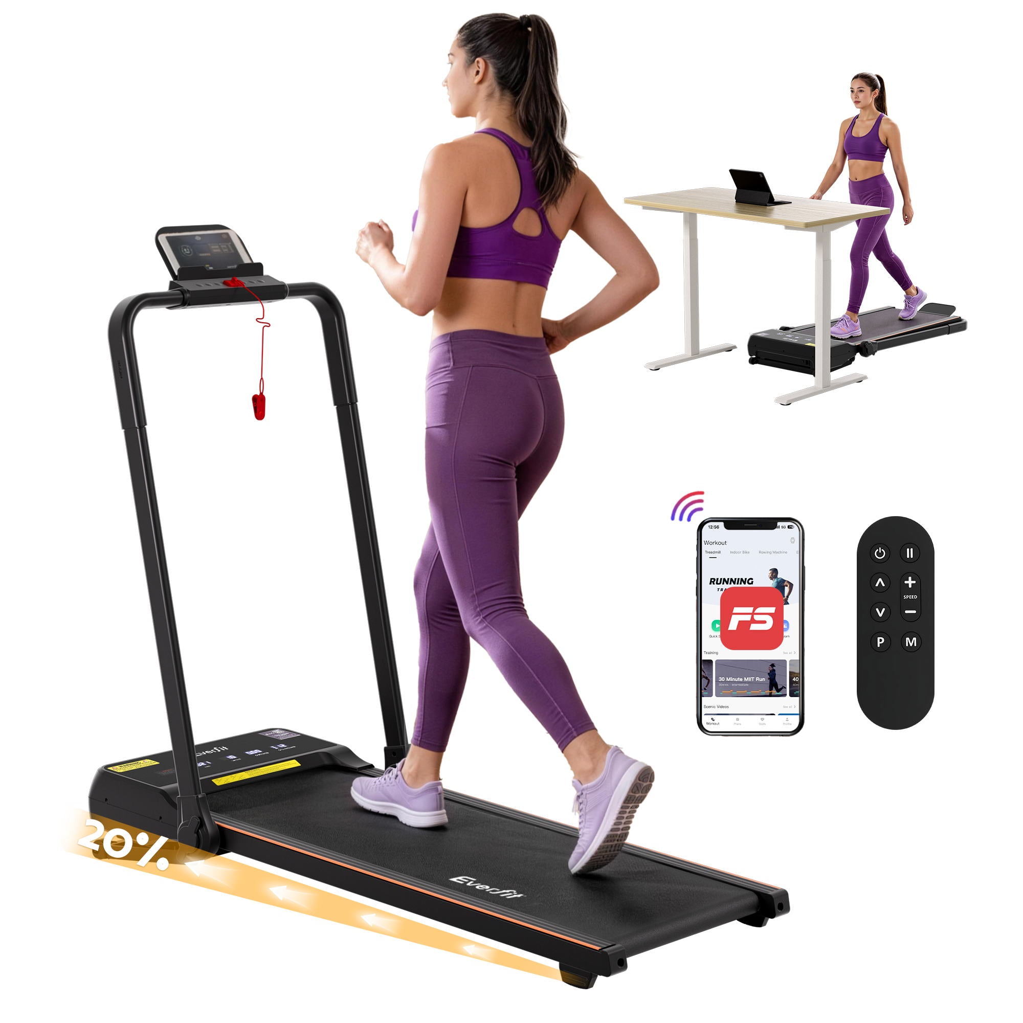 Everfit 3 in 1 Walking Pad Treadmill 20% Auto Incline Under Desk Foldable Treadmills for Home With 40cm Wide Belt - Everfit