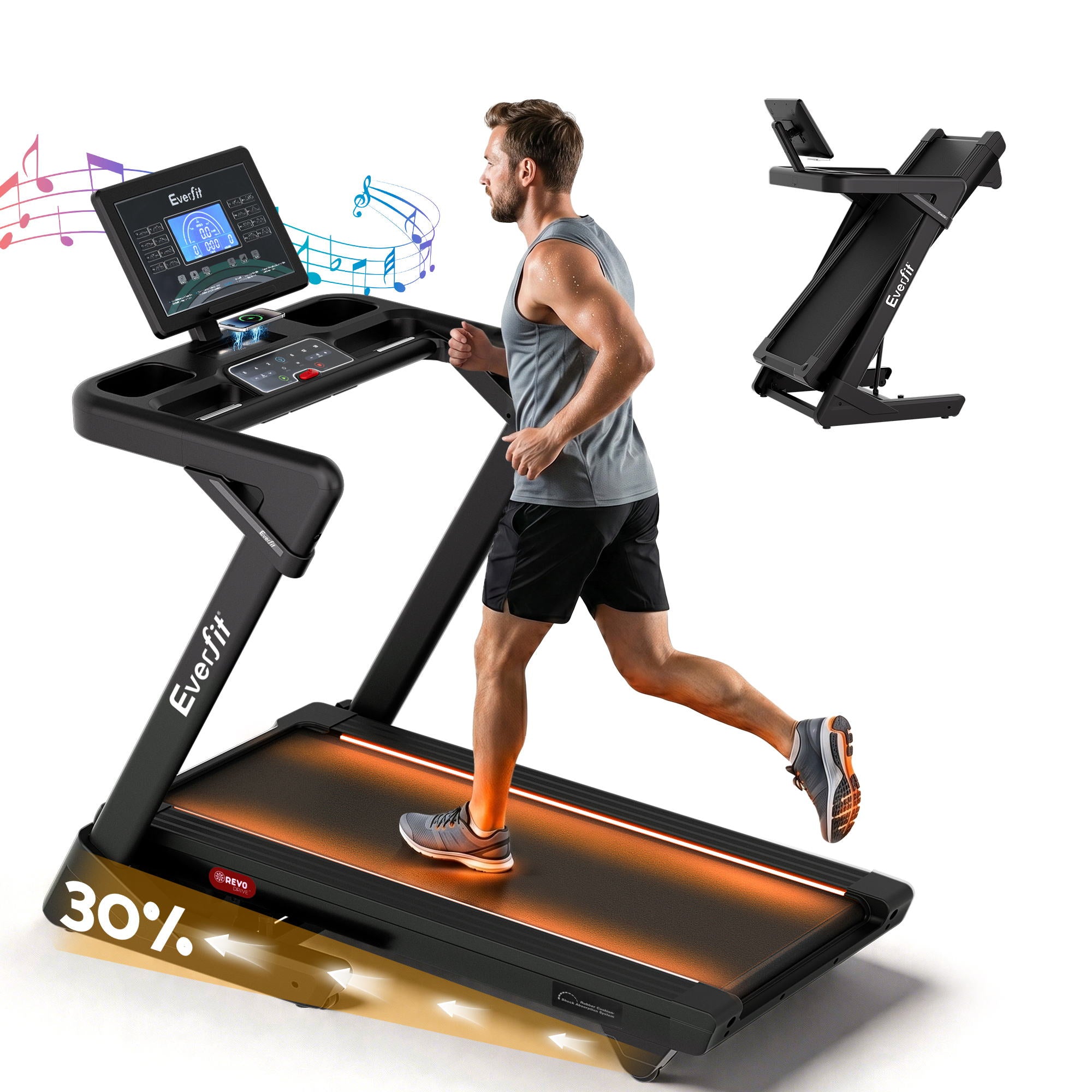 Everfit 500mm Wide Belt Treadmill 30% Auto Incline Foldable Treadmills for Home with LED Lights - Everfit