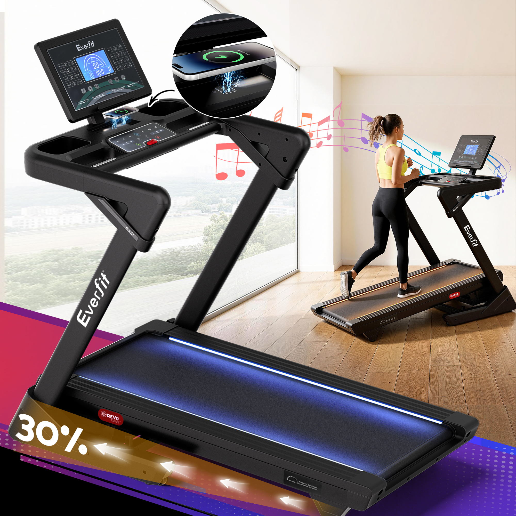 Everfit 500mm Wide Belt Treadmill 30% Auto Incline Foldable Treadmills for Home with LED Lights - Everfit