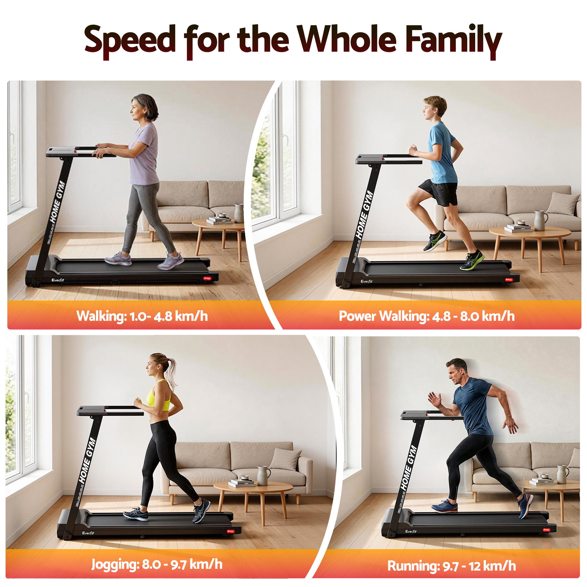 Everfit Treadmill Electric Home Gym Fitness Exercise Fully Foldable 420mm Black