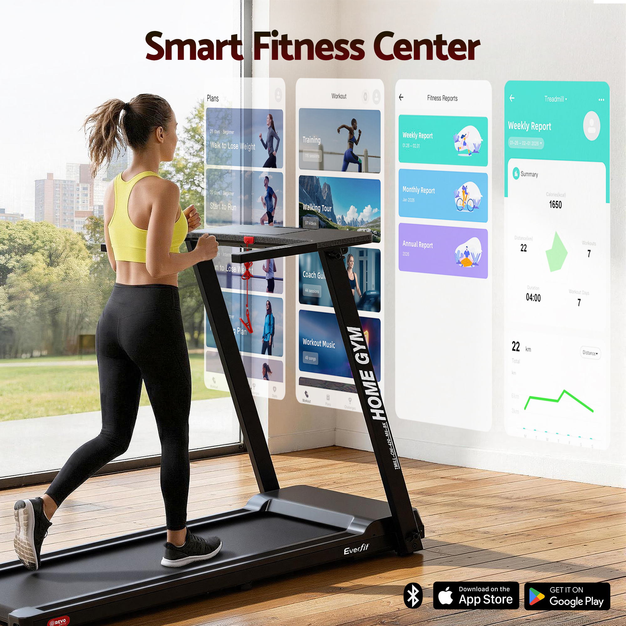 Everfit Treadmill Electric Home Gym Fitness Exercise Fully Foldable 420mm Black