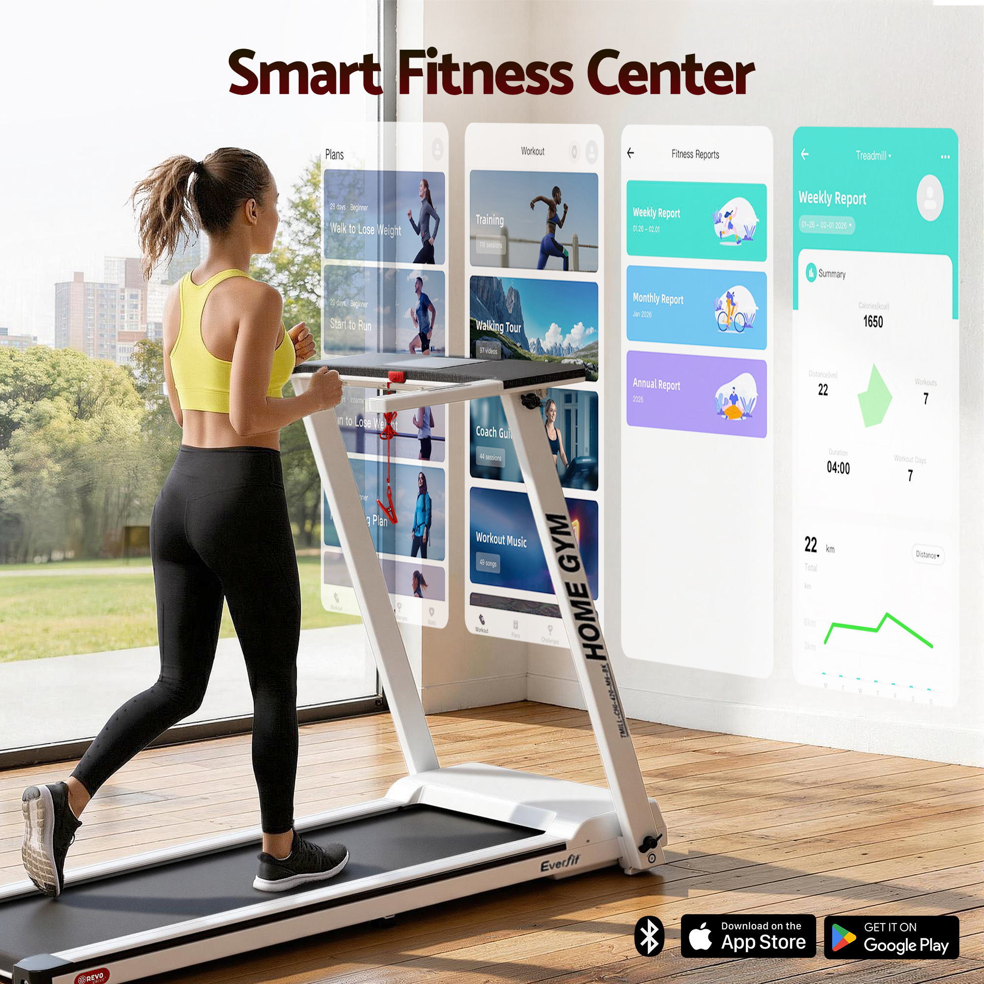 Everfit Treadmill Electric Home Gym Fitness Exercise Fully Foldable 420mm White