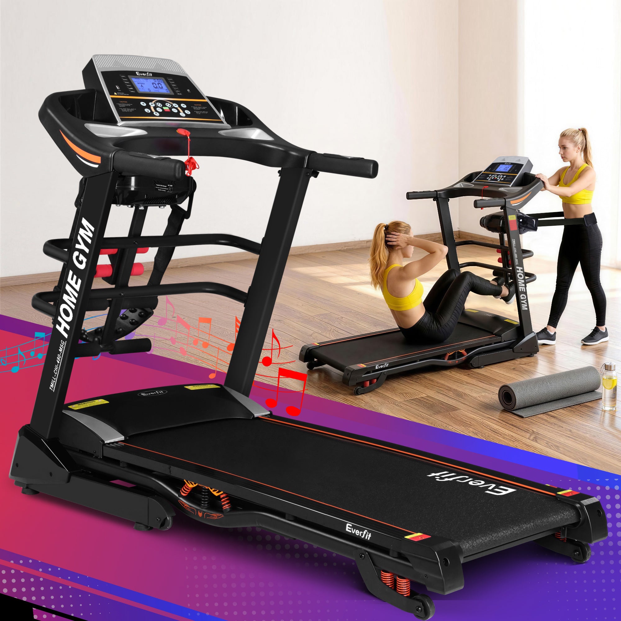 Everfit Electric Treadmill 480mm 18kmh 3.5HP Auto Incline Home Gym Run Exercise Machine Fitness Dumbbell Massager Sit Up Bar - Everfit