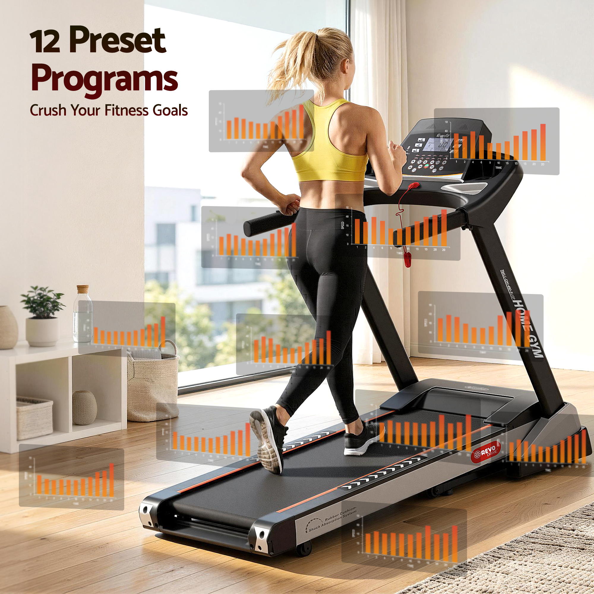 Everfit Treadmill Electric Auto Incline Spring Home Gym Fitness Exercise 480mm