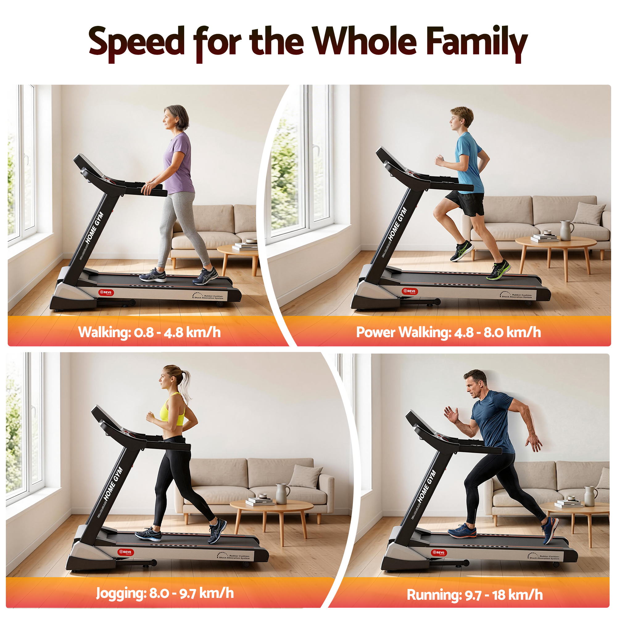 Everfit Treadmill Electric Auto Incline Spring Home Gym Fitness Exercise 480mm
