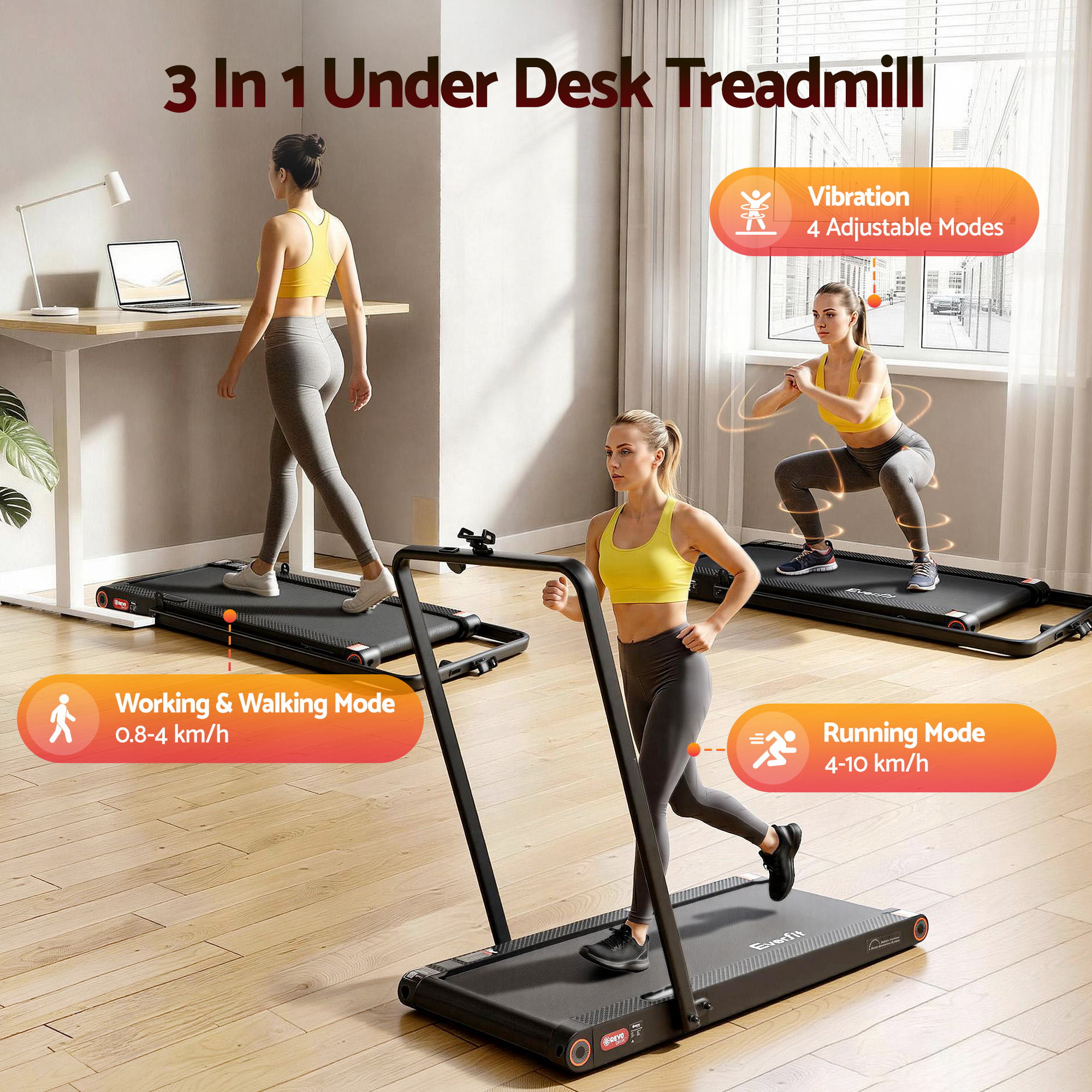 Everfit 4 in 1 Vibration Walking Pad Treadmill Under Desk Treadmills for Home Gym with App Control 380mm