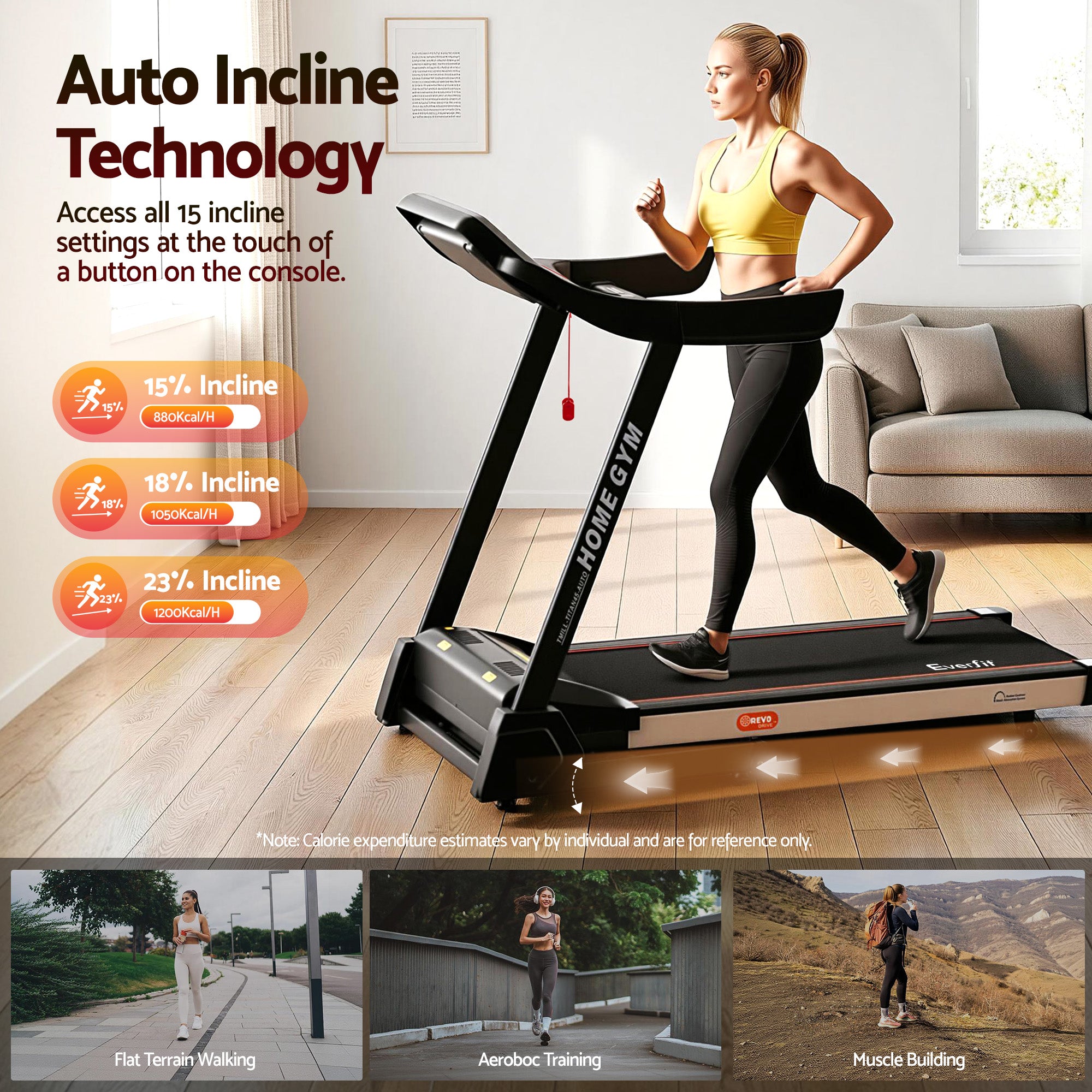 Everfit Treadmill Electric Auto Level Incline Home Gym Fitness Exercise 450mm