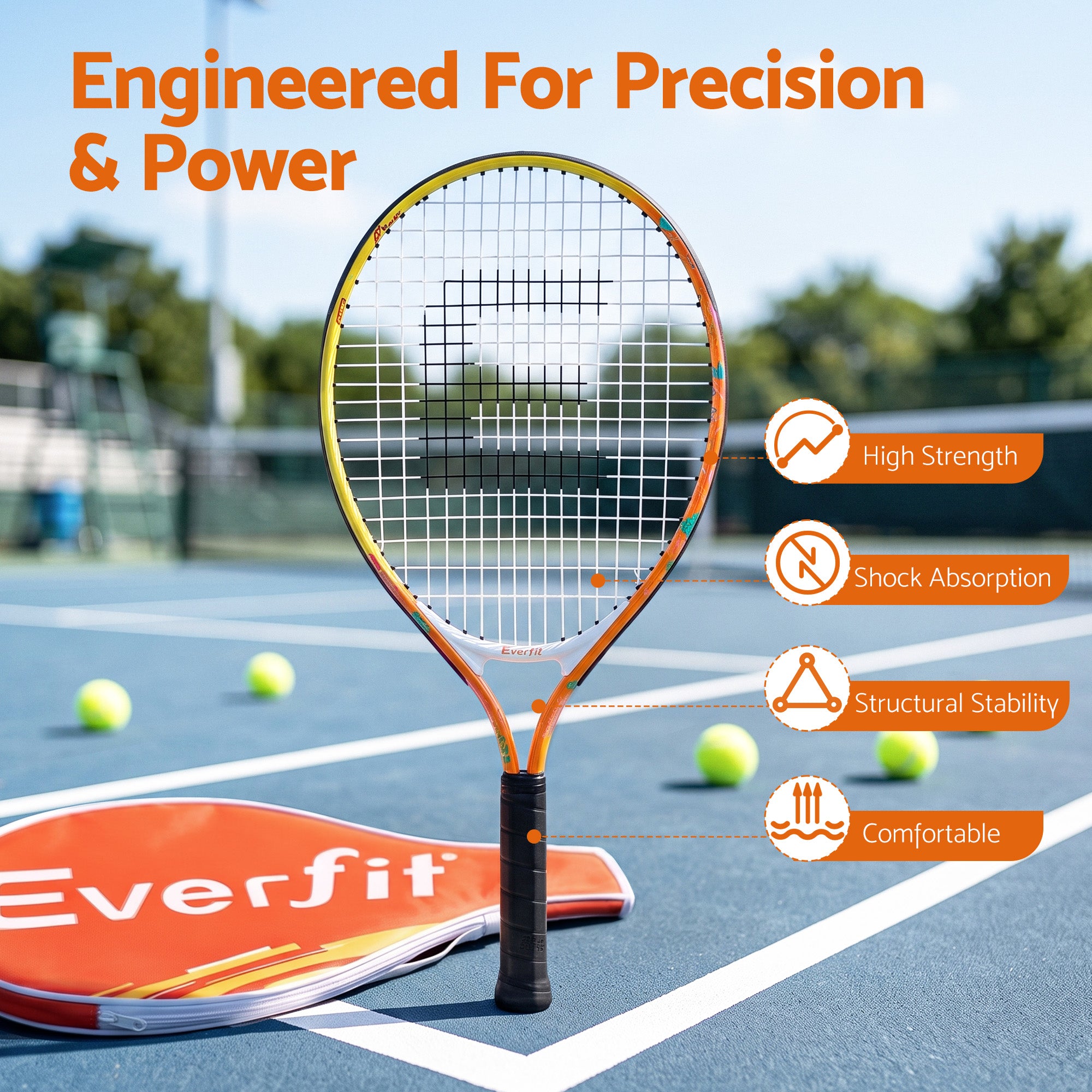 Everfit 23 Inch Tennis Racket Lightweight 200g for Adult and Junior Players Orange