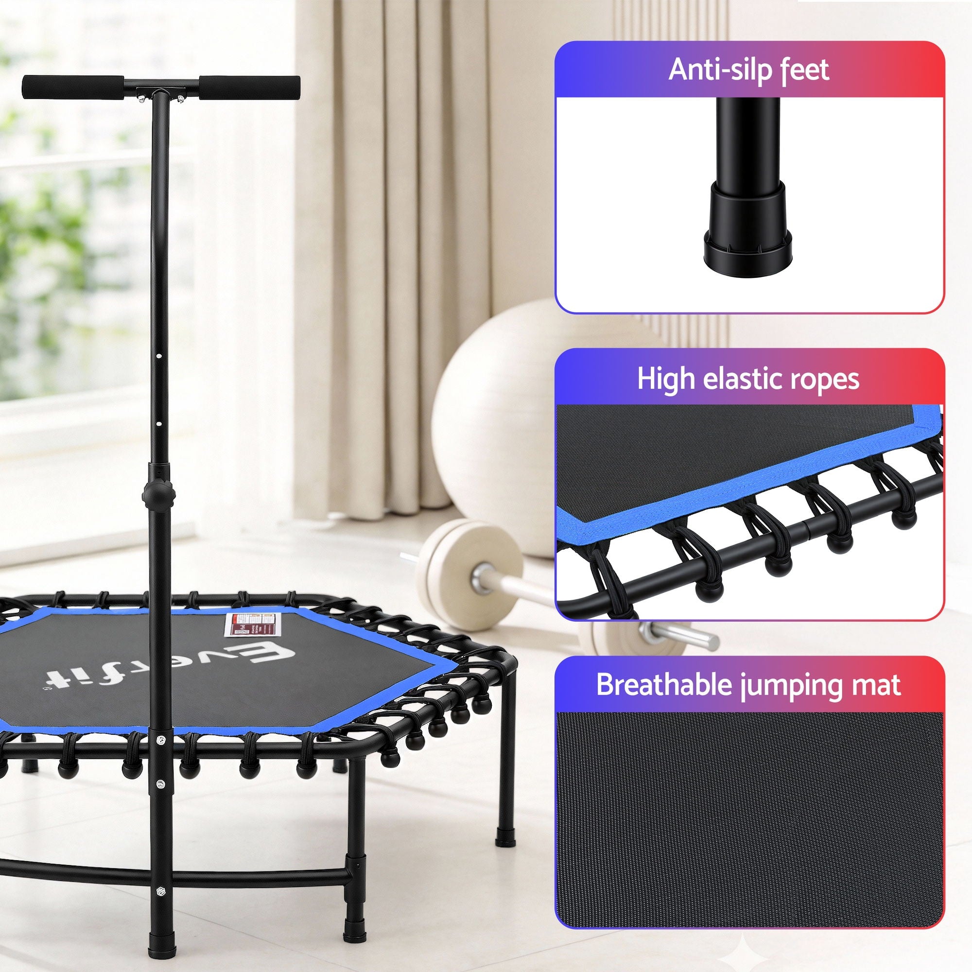 Everfit 48inch Hexagon Fitness Trampoline Rebounder Adjustable Handrail Blue