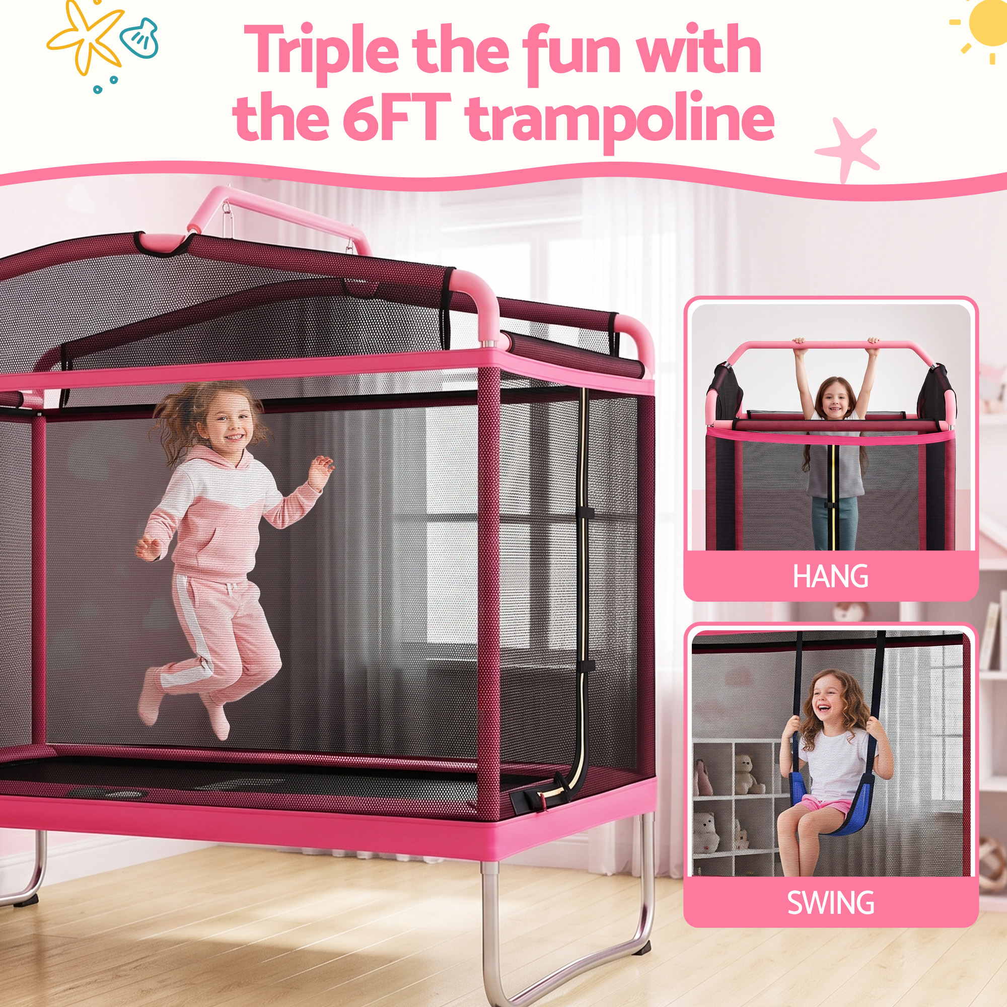 Everfit 3-in-1 Kids Rectangle 6FT Trampoline Rebounder with Swing Belt Pink