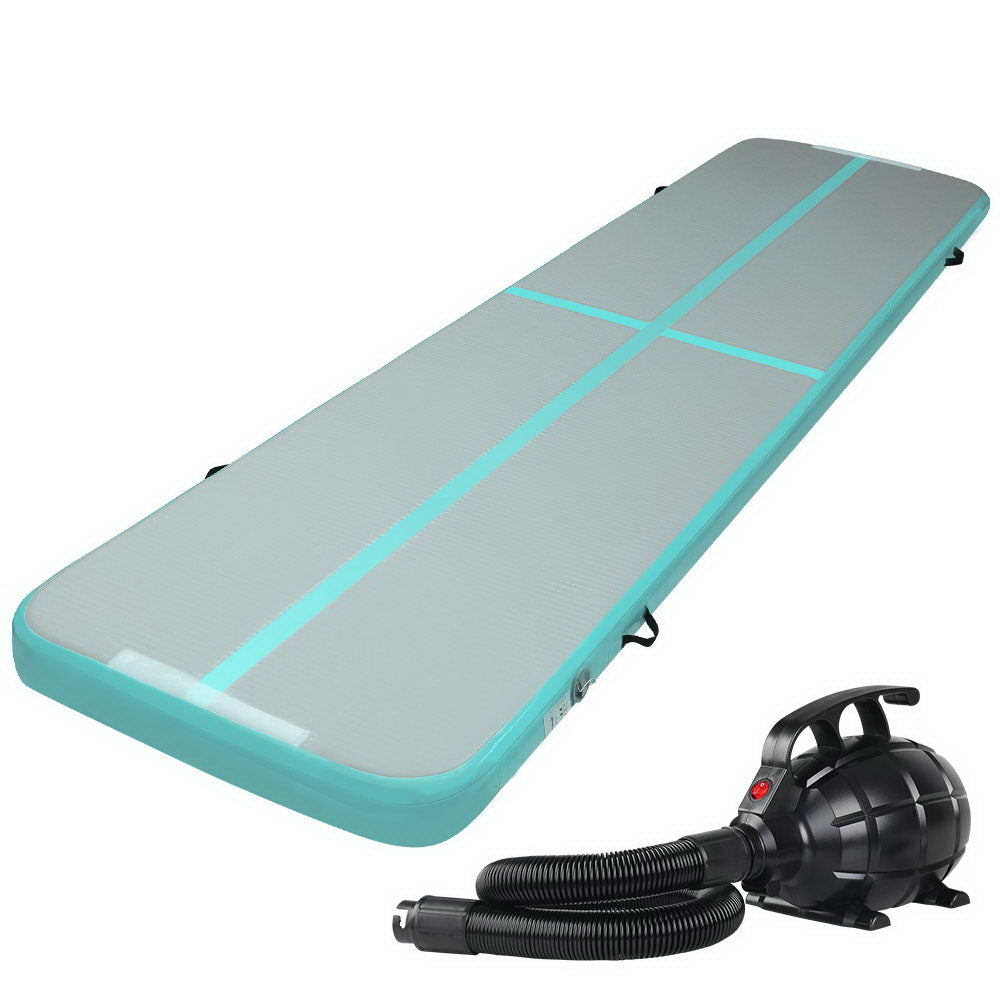 Everfit GoFun 4m x 1m Inflatable Gymnastic Tumbling Air Track Mat 10cm Thick with Air Pump Mint Green and Grey