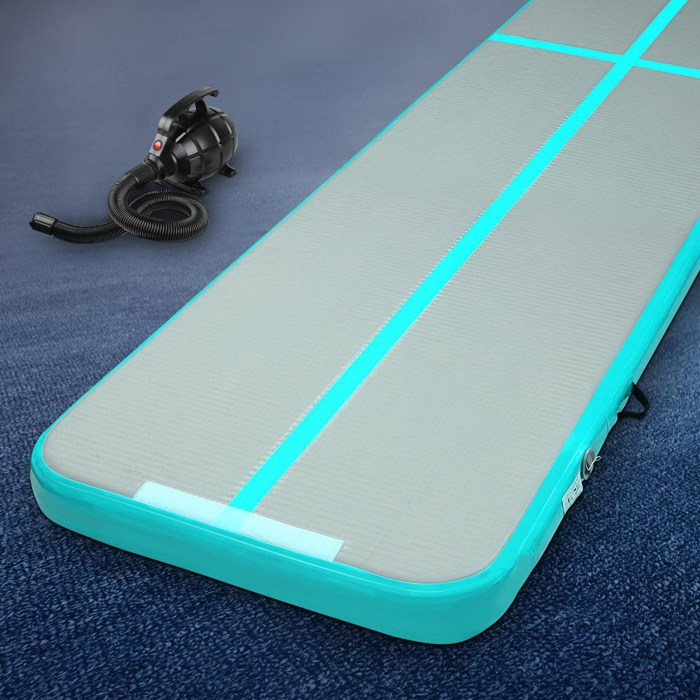 Everfit GoFun 4m x 1m Inflatable Gymnastic Tumbling Air Track Mat 10cm Thick with Air Pump Mint Green and Grey