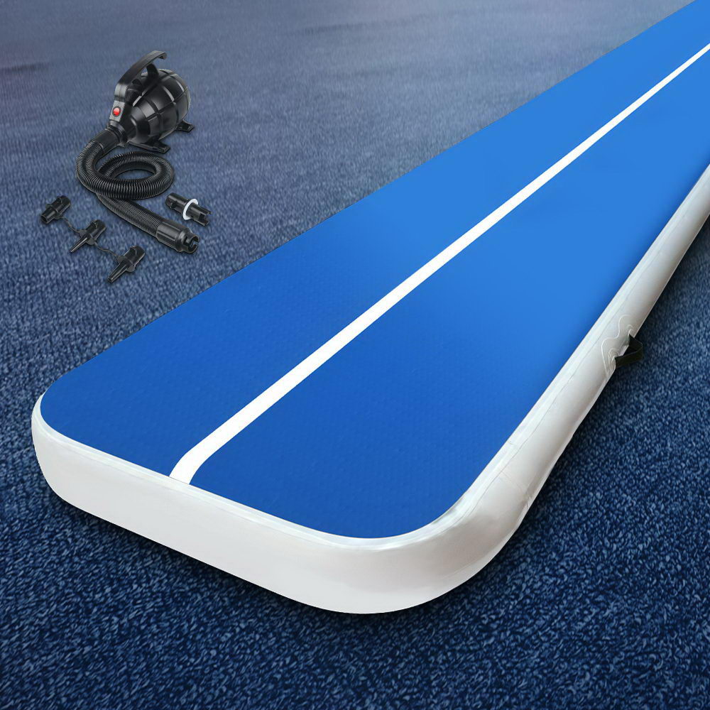 Everfit 4m x 1m Inflatable Gymnastic Tumbling Air Track Mat 20cm Thick Blue and White with Pump
