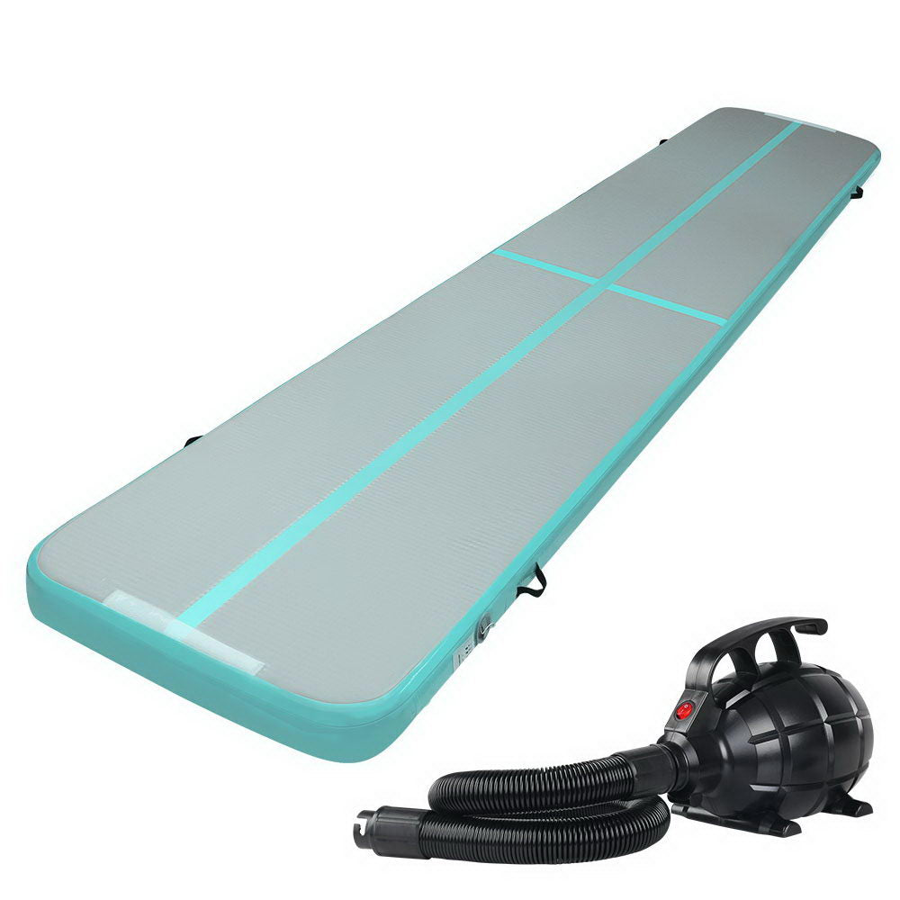 Everfit GoFun 5m x 1m Inflatable Gymnastic Tumbling Air Track Mat 10cm Thick with Air Pump Mint Green and Grey